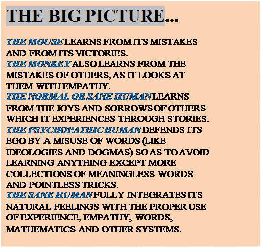 Text Box: THE BIG PICTURE...

THE MOUSE LEARNS FROM ITS MISTAKES AND FROM ITS VICTORIES.
THE MONKEY ALSO LEARNS FROM THE MISTAKES OF OTHERS, AS IT LOOKS AT THEM WITH EMPATHY.
THE NORMAL OR SANE HUMAN LEARNS FROM THE JOYS AND SORROWS OF OTHERS WHICH IT EXPERIENCES THROUGH STORIES.
THE PSYCHOPATHIC HUMAN DEFENDS ITS EGO BY A MISUSE OF WORDS (LIKE IDEOLOGIES AND DOGMAS) SO AS TO AVOID LEARNING ANYTHING EXCEPT MORE COLLECTIONS OF MEANINGLESS WORDS AND POINTLESS TRICKS.
THE SANE HUMAN FULLY INTEGRATES ITS NATURAL FEELINGS WITH THE PROPER USE OF EXPERIENCE, EMPATHY, WORDS, MATHEMATICS AND OTHER SYSTEMS. 
